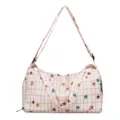 Pink plaid travel duffel bag with colorful star prints, large capacity, lightweight and portable. - Pink