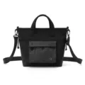 Black minimalist commuter tote bag with grid front pocket, lightweight shoulder crossbody bag. - Black