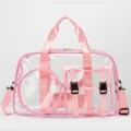Clear pink gym bag beach tote with pockets and adjustable strap for fitness travel - Pink