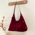 Elegant wine red velvet hobo shoulder bag with gold rivet accents and large capacity - Red