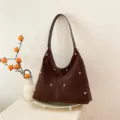 Stylish brown suede hobo bag with gold studs, large capacity shoulder tote for women. - Brown