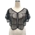 Macro detail of a vintage black mesh capelet with intricate beaded patterns and sequins - Top (805) / One Size / Black