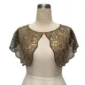 Detailed front view of a vintage black mesh sequin shawl displayed on a neutral mannequin. - Heavy Sequin Style (802) / Black & Gold