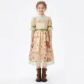 Vintage floral girls dress with lace and green ribbons, ideal for costume stage play events. - 120cm (Size S) / Skirt Only / Skirt Only