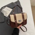 Vintage retro color-blocked messenger bag with top handle and strap in brown and beige - Khaki