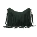 Bolso tipo cubo vintage verde bosque con flecos y elegantes detalles bohemios para mujer - Verde