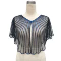 Detailed view of vintage sequined shrug with blue beads on black mesh fabric - Top (807) / One Size / Black Blue
