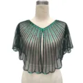 Detailed view of vintage black mesh capelet featuring vertical emerald green sequin stripes - Top (807) / One Size / Dark Green