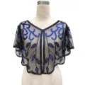 Detailed view of vintage black mesh shawl with blue sequins and beaded patterns. - Top (809) / One Size / Black Blue