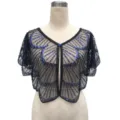 Vintage black mesh bolero shawl with blue sequins and beadwork for party dress outerwear - Top (805) / One Size / Black Blue