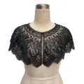 Elegant vintage black sequined evening shawl capelet displayed on a professional mannequin - Scalloped Wave Style (804) / Black