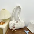 Sac bandoulière cylindrique en velours côtelé crème avec motif étoiles et porte-clé ours - Blanc Crème Avec Pendentif
