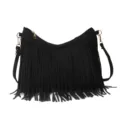 Sac bandoulière vintage noir style daim avec de longues franges et des ferrures dorées - Noir