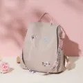 Anti-theft Oxford cloth backpack for women with floral embroidery in khaki and pink - Khaki