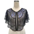 Detailed view of vintage black mesh shawl with blue sequins and beaded patterns - Tops / 806# Black