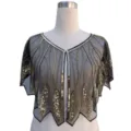 Macro view of 1920s retro sequin shawl with intricate gold and silver beaded pattern - 11# Top / Black & Gold
