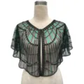 Close-up of vintage black mesh evening shawl with intricate green sequins and beadwork - Tops / 806# Black Green