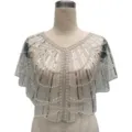Detailed view of a vintage sheer mesh capelet with intricate silver sequin and pearl beadwork. - Tops / 806# Silver White