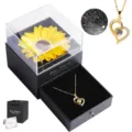 Sonnenblume konservierte Blume Geschenkbox mit Herz Projektionskette, romantisches Geschenk. - Goldenes Herz & Sonnenblumen-Geschenkbox, Schwarz