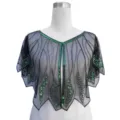 Detail of vintage 1920s black mesh capelet with green sequins and silver beads - 11# Top / Dark Green