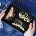 Valentine's hair claw clip gift set, elegant metal pearl floral hair accessories for women. - 3-Piece Hair Claw Clip Set [F]