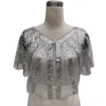 Close-up detailed view of silver sequined capelet with pearl beads on evening shrug - Tops / 808# Silver White