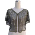 Detailed macro view of black vintage 1920s shrug with gold sequin and bead patterns - 12# Top / Black & Gold