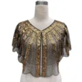 Front detail view of a vintage gold sequined short capelet for evening banquet dresses - Tops / 808# Black Gold