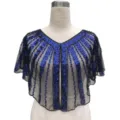 Detailed view of vintage evening mesh cape decorated with blue sequins and bead embroidery - Tops / 808# Black Blue