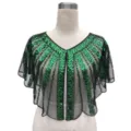 Detailed close-up of a vintage style green sequined evening shawl with elegant black mesh - Tops / 808# Black Green
