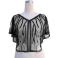 Close-up of a black 1920s sequined and beaded mesh capelet on a white mannequin - 12# Top / Black