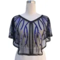 Vintage 1920s black mesh capelet featuring blue sequins and intricate beaded trim detail - 12# Top / Black Blue