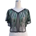 Close-up of a 1920s retro black mesh shawl with green sequin embroidery on a mannequin - 12# Top / Dark Green