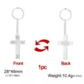 Double-sided stainless steel cross keychain with engraved French religious text, 1pc - Etched French Inscriptions Traditional Cross Style / Steel