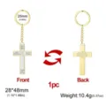Double-sided engraved gold stainless steel cross keychain with size and weight details - Etched French Inscriptions Traditional Cross Style / Gold