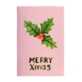 Pink mini folding Christmas card featuring holly illustration and Merry Xmas text - Christmas Leaves