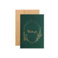 Biglietto di ringraziamento verde scuro con corona floreale dorata e busta in kraft marrone - Grazie / Verde Scuro