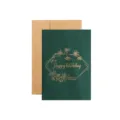 Elegante biglietto di auguri verde scuro con ghirlanda floreale dorata e busta in carta kraft - Buon Compleanno / Verde Scuro