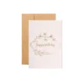 Elegante biglietto di auguri con ghirlanda floreale dorata e busta in carta kraft - Buon Compleanno / bianco crema