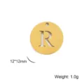 Gold plated stainless steel round charm pendant with hollow cut-out letter R, 12mm diameter - Letter R / Gold