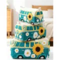 Detailansicht gestapelter Kosmetiktaschen mit Retro-Bus- und Sonnenblumen-Stickerei. - L / Grüne Sonnenblume (01)