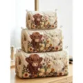 Dreiteiliges Set beiger Kosmetikbeutel mit aufwendiger Highland-Cow-Stickerei - L / Beige Schottisches Hochlandrind Sonnenblume Stickerei