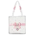 Elegante weiße Polyester-Einkaufstasche mit rosa Schleife und Herzjuwel - Künstliche Perle Herz Edelstein Schleife Stil (02)