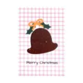 Mini Christmas card featuring a brown bell and holly on pink gingham background - Christmas Bell