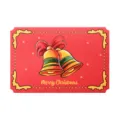 Vintage red Christmas greeting card with golden bells and decorative horizontal border - Bell