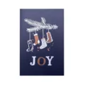 Biglietto di Natale blu navy con scritta JOY e calze appese - Calza natalizia