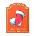 Biglietto d'auguri natalizio ad arco con calza rossa su sfondo arancione vivace - Calza natalizia