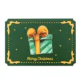 Vintage green Christmas greeting card featuring a gift box and gold border decorations - Gift