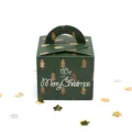 Confezione regalo di Natale verde con manico, motivi ad albero dorati e auguri - Albero di Natale verde