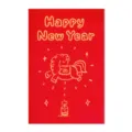 Biglietto di auguri rosso 2026 Anno del Cavallo con cavallo cartoon dorato e testo Happy New Year - Stile Cavallo d'Artificio / Rosso
